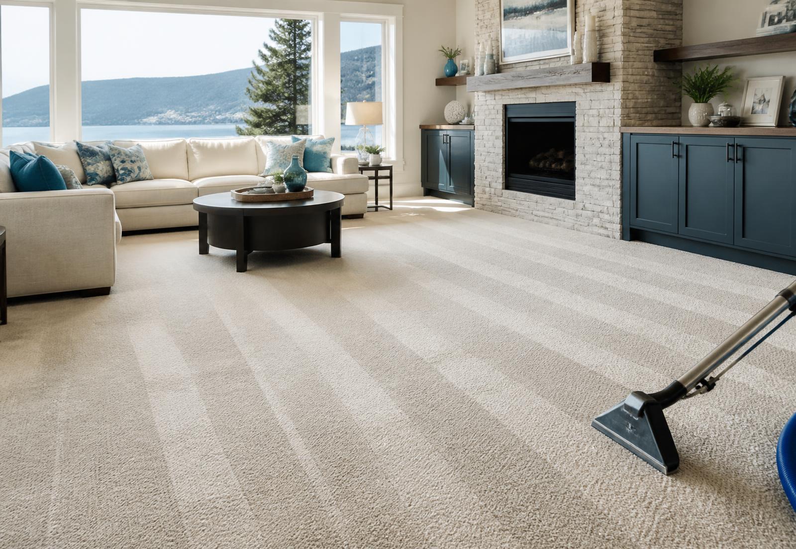 Freshly steam-cleaned carpet in a bright Kelowna living room with Okanagan lake views